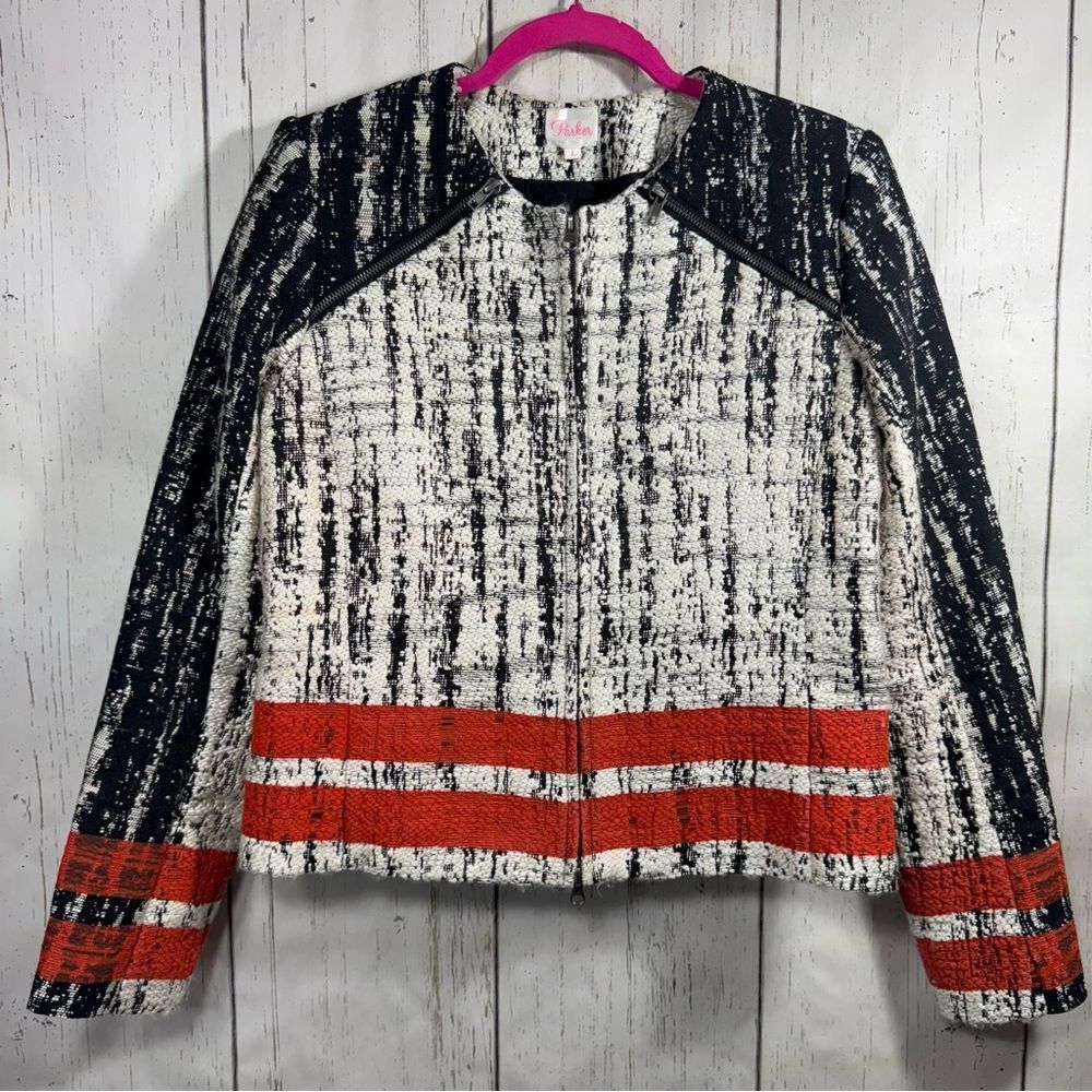 Parker Tweed Zip Front Jacket Black White Red Size L Workwear Edge Minimalist